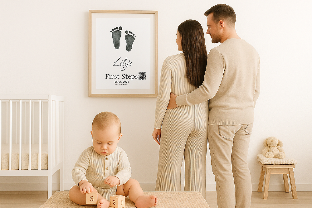 Family in a nursery with a framed print of baby's first steps.