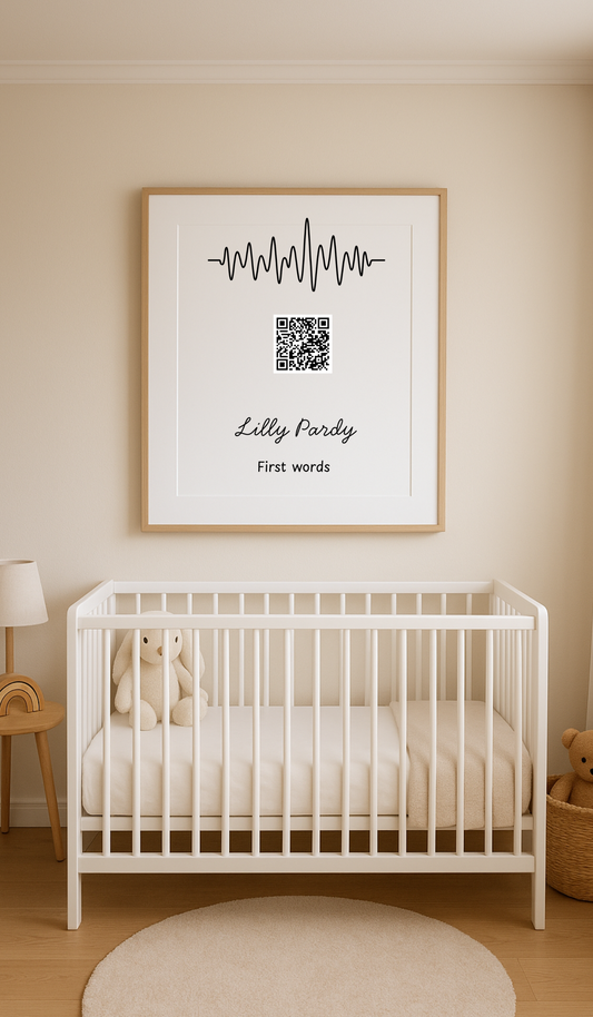 Voice recording portrait with scannable QR code.